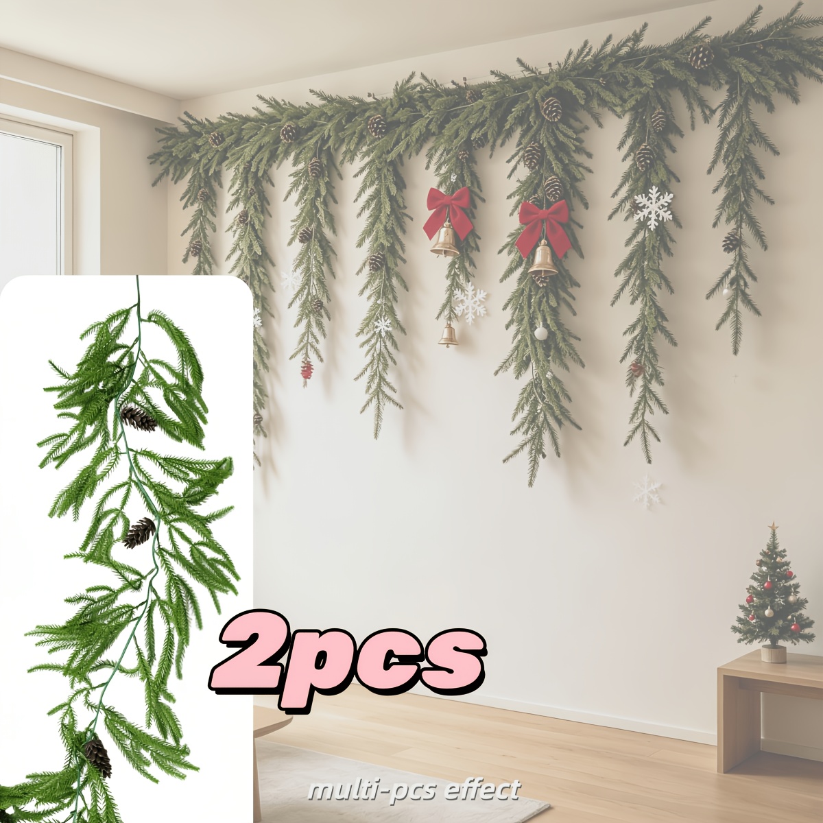 TEMU 2pcs Artificial Norfolk Pine Rattan With Exquisite Pine Cones, Featuring Dense And Fluffy Pine Needles In , Color. Suitable For Home Wall Decor,