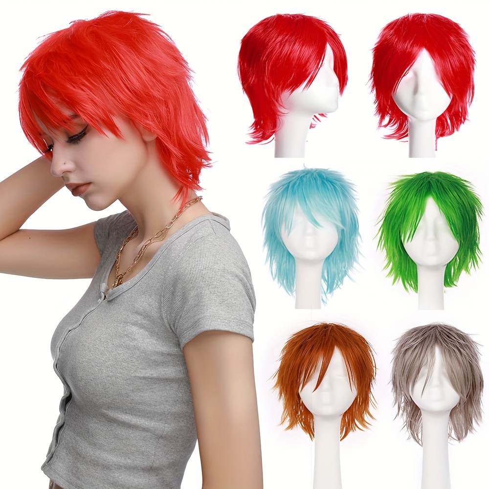 12inch Short Cosplay Wig Unisex Anime Costume Straight Fluffy Wig Synthetic Spiky Layered Short Hair With Bangs For Party Halloween Wig Hair Extensions Music Festival