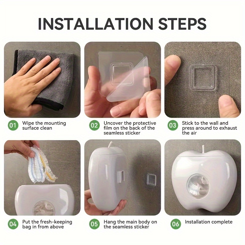 1 vnt. obuolio formos prie sienos montuojamas plastikinių maišelių dozatorius, elastingas apvyniojimo organizatorius virtuvei ir vonios kambariui, vietą taupantis laikymo sprendimas su greitu maišelių pasiekimu, pagamintas iš patvarios plastikinės medžiagos