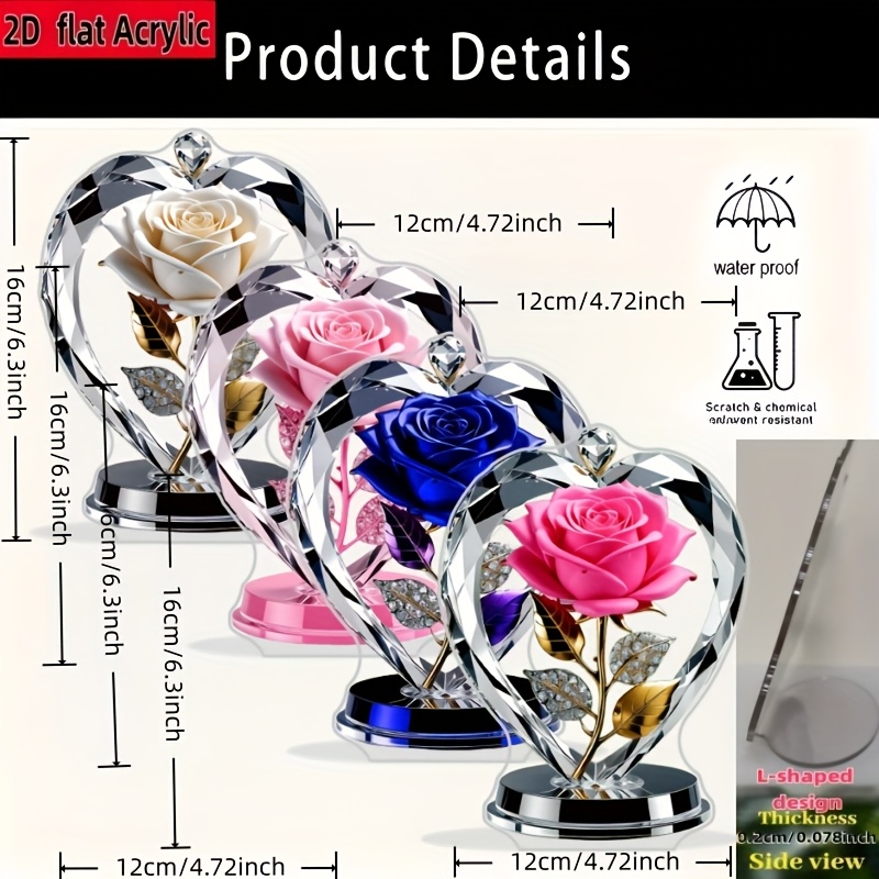 E-shop 2D Flat - 4-teiliges Set Liebesrosenförmige Kreative Wohn Deko Mini Ornamente, Premium Transparentes Plastik 2D Flat Druck, Verbundenes