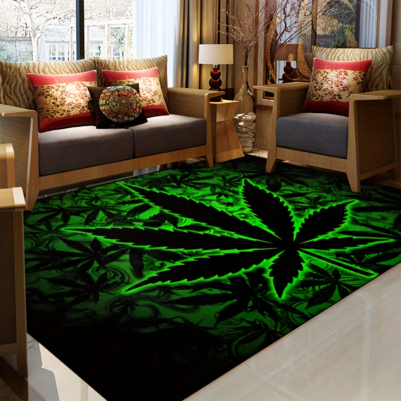 black background fluorescent marijuana leaves halloween 1000g m thick felt rug 15x23 19x31 31x47 39x59 47x63 63x78inches machine washable polyester suitable for indoor and outdoor use       living rooms bedrooms   patio garden and courtyard details 2