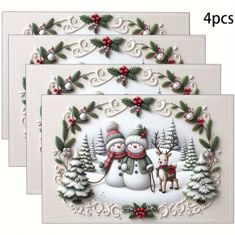 

4pcs Set Christmas Placemats - Snowman & Reindeer Design, Linen Heat-resistant Table Mats For Holiday Dining & Kitchen Decor, Family Gatherings & Parties, Christmas Theme, Dinner Mats