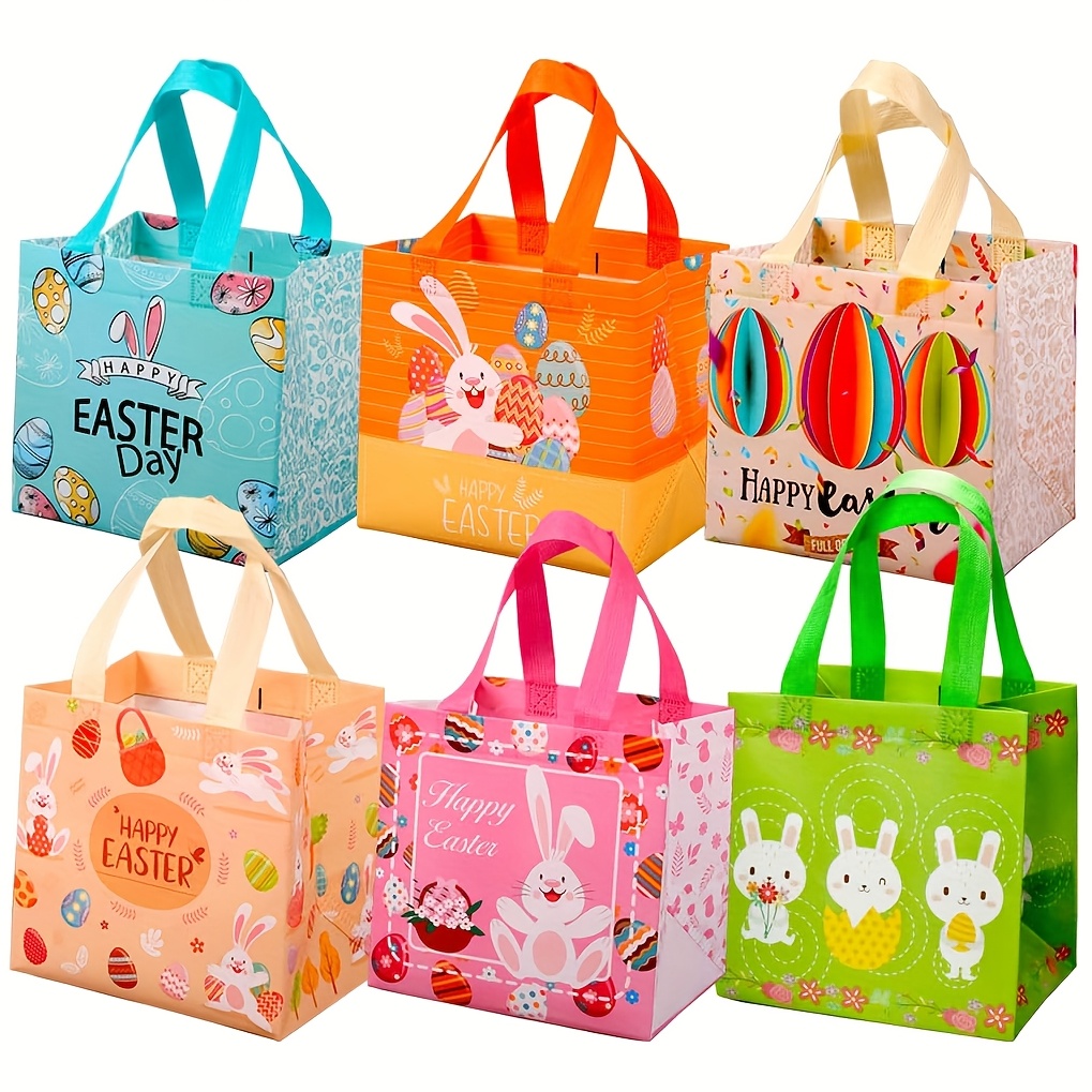 

6/12pcs Sacs-cadeaux de Pâques, Paniers de Pâques avec poignée Sacs-cadeaux Réutilisables en non-tissé pour les fêtes de Pâques et les fournitures de printemps Taille ouverte 7.9x5.9x7.9 pouces