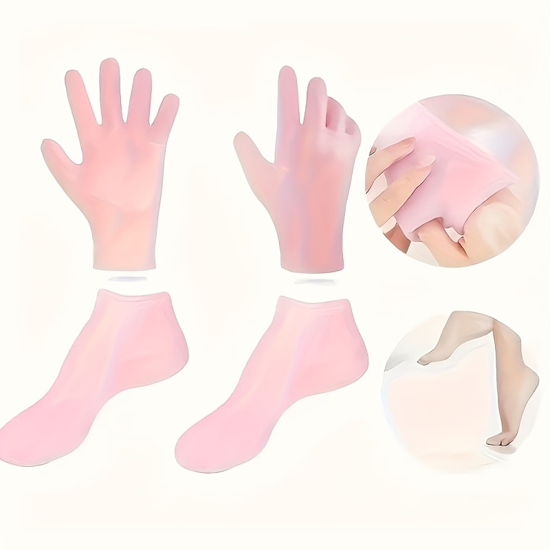TEMU 4pcs Women's Silicone Moisturizing Socks Set - 1 Pair Gloves And 1 Pair Foot Covers, Unscented, Ultra-tough, Non-slip, For Dry , Reusable