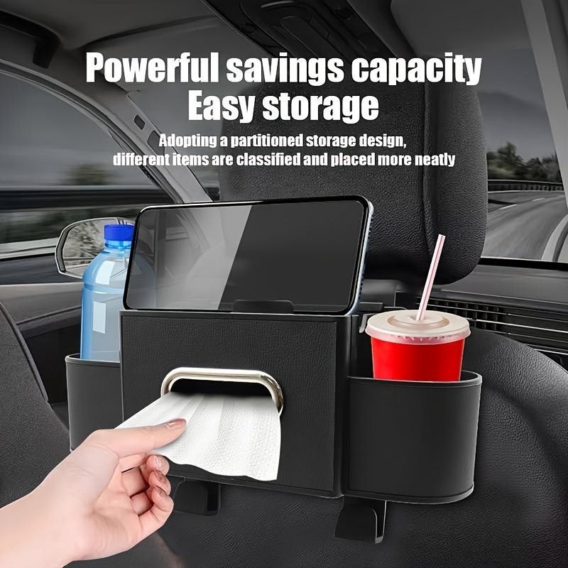 

1pc Multifunctional Car , Portable Pu Leather Holder With Water Cup Slots, Abs Hanging Storage Box For Driver And Side