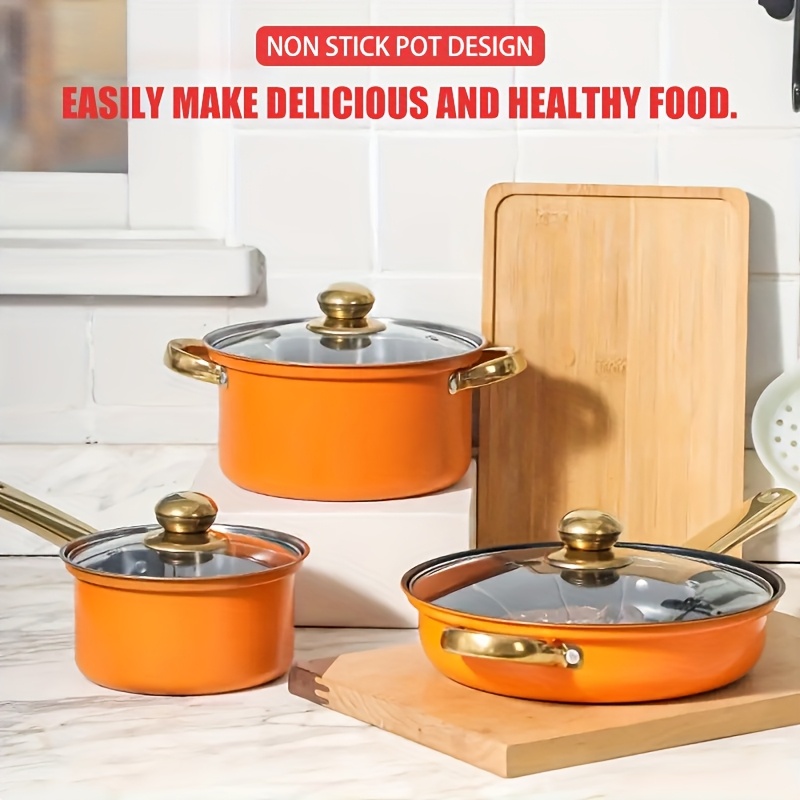 12pcs orange multifunctional cookware set stainless steel kitchen pots and pans combo including soup pot frying pan milk pot for home use cooking pot details 5