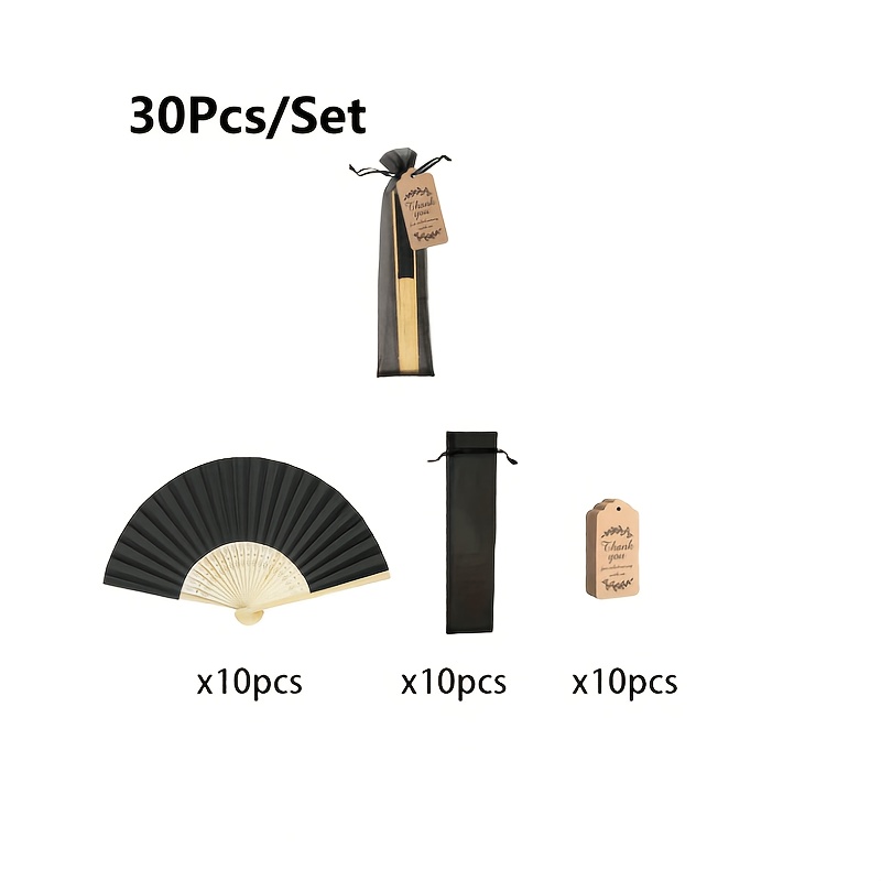 TEMU 30pcs/set Black Handheld Bamboo Folding Fan Set, Includes 10 Folding Fans, 10 Mesh Bags, And 10 Thank You Cards. Suitable For Hawaiian Wedding