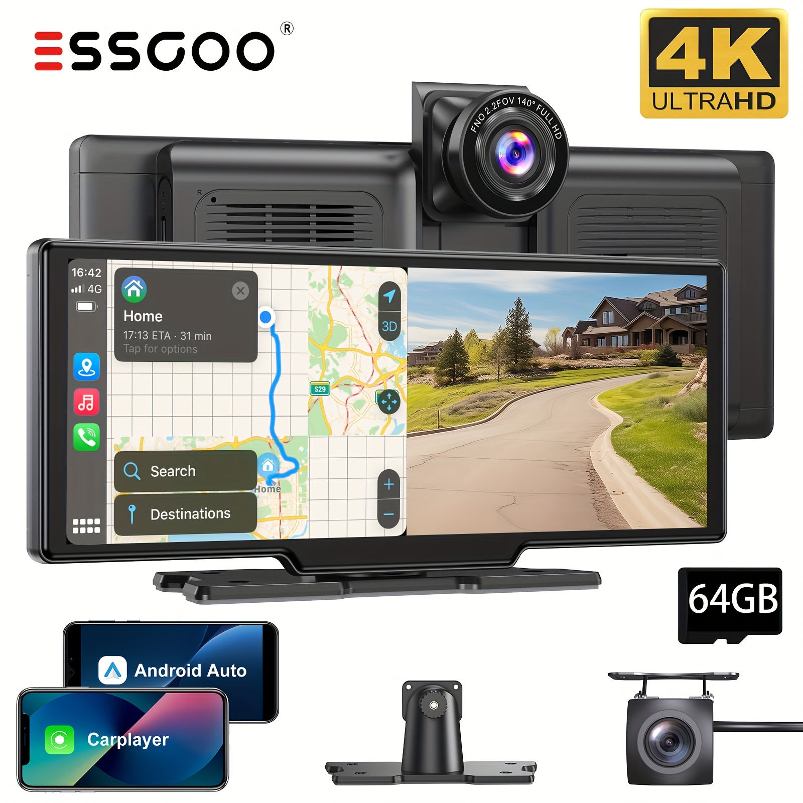 TEMU Essgoo 10.26" Android Auto & Carplay Compatible Wireless Player With Front & Rear Dual System, 4k/1080p Dash , Navigation, Voice Control,