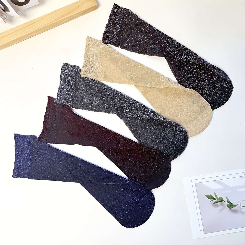 TEMU 5 Pairs Women's Spring Summer Style Thread Thin Shimmering High-elastic Short Mid-calf Socks