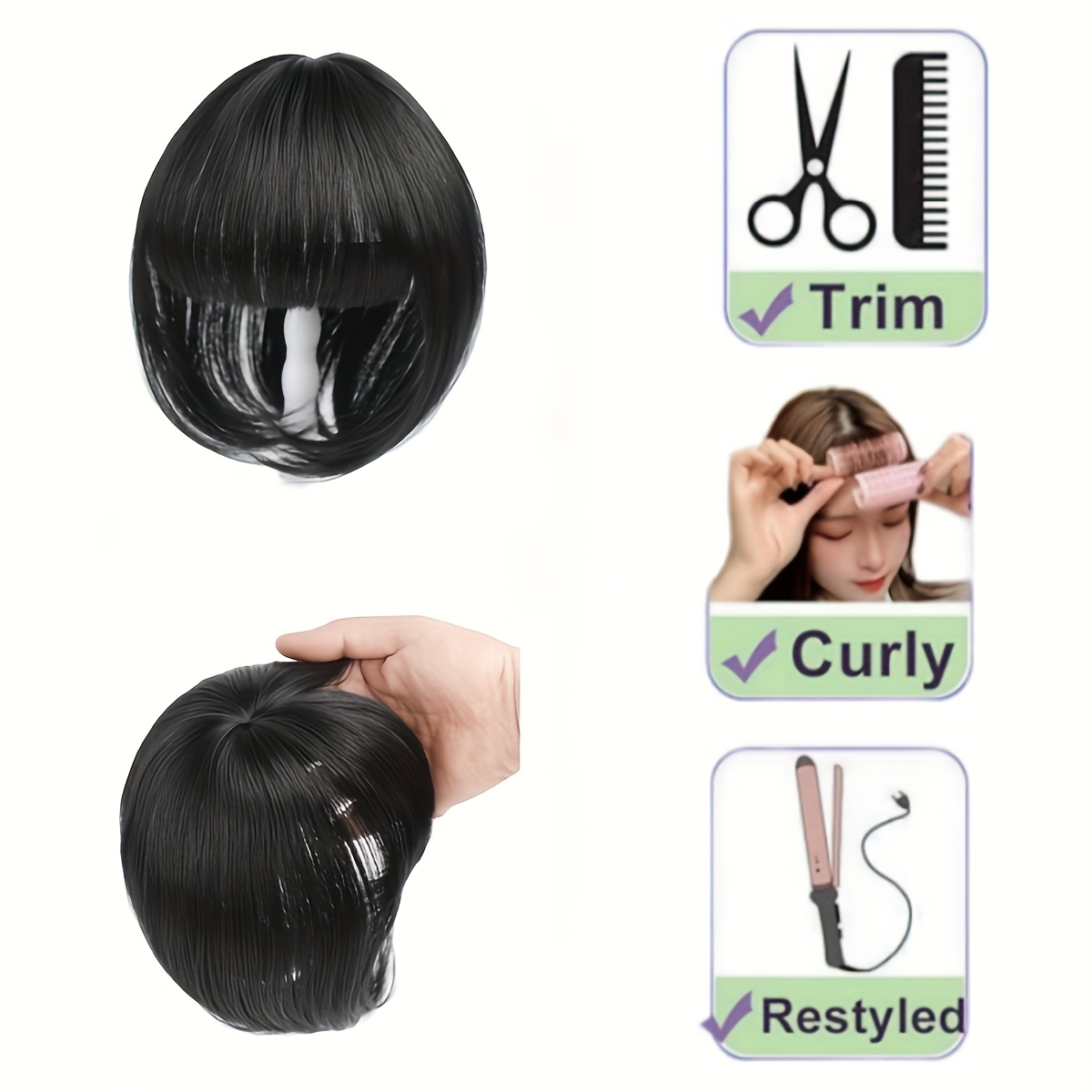 8 inch elegant womens topper with 3d bangs heat resistant synthetic fiber french air bangs   for   tones straight hair hair extensions wigs accessories details 3