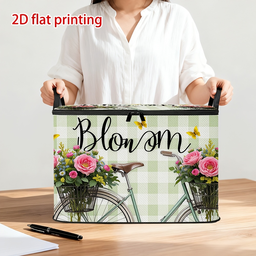 2D ploché 1ks úložné boxy s víkem s potiskem jarní květiny a designu kola, měkká tkanina, velkokapacitní univerzální organizér pro stěhování, dárek na kolaudaci
