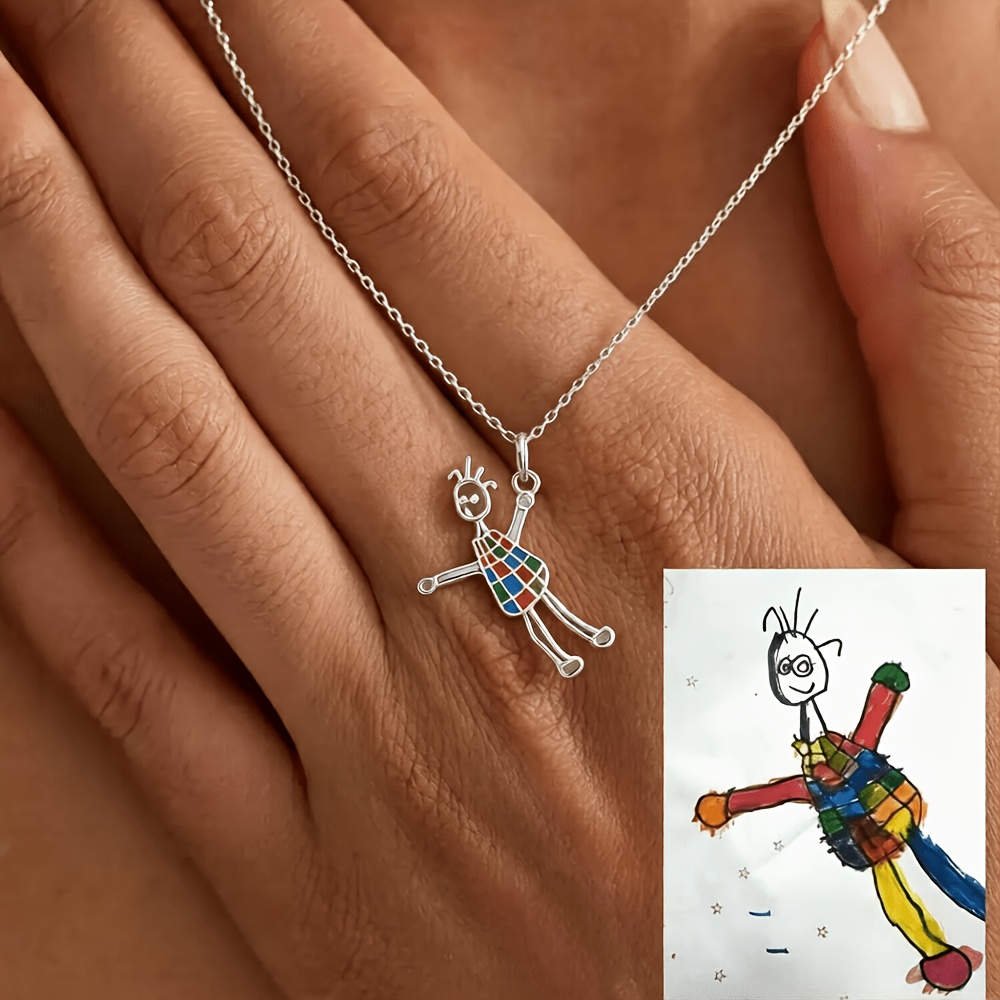 TEMU Custom Cute Photo Golden Multicolor Printed Necklace, Personalized Multicolor Doodle Necklace, Easy Cartoon Hand-drawn Pendant, Actual Painting