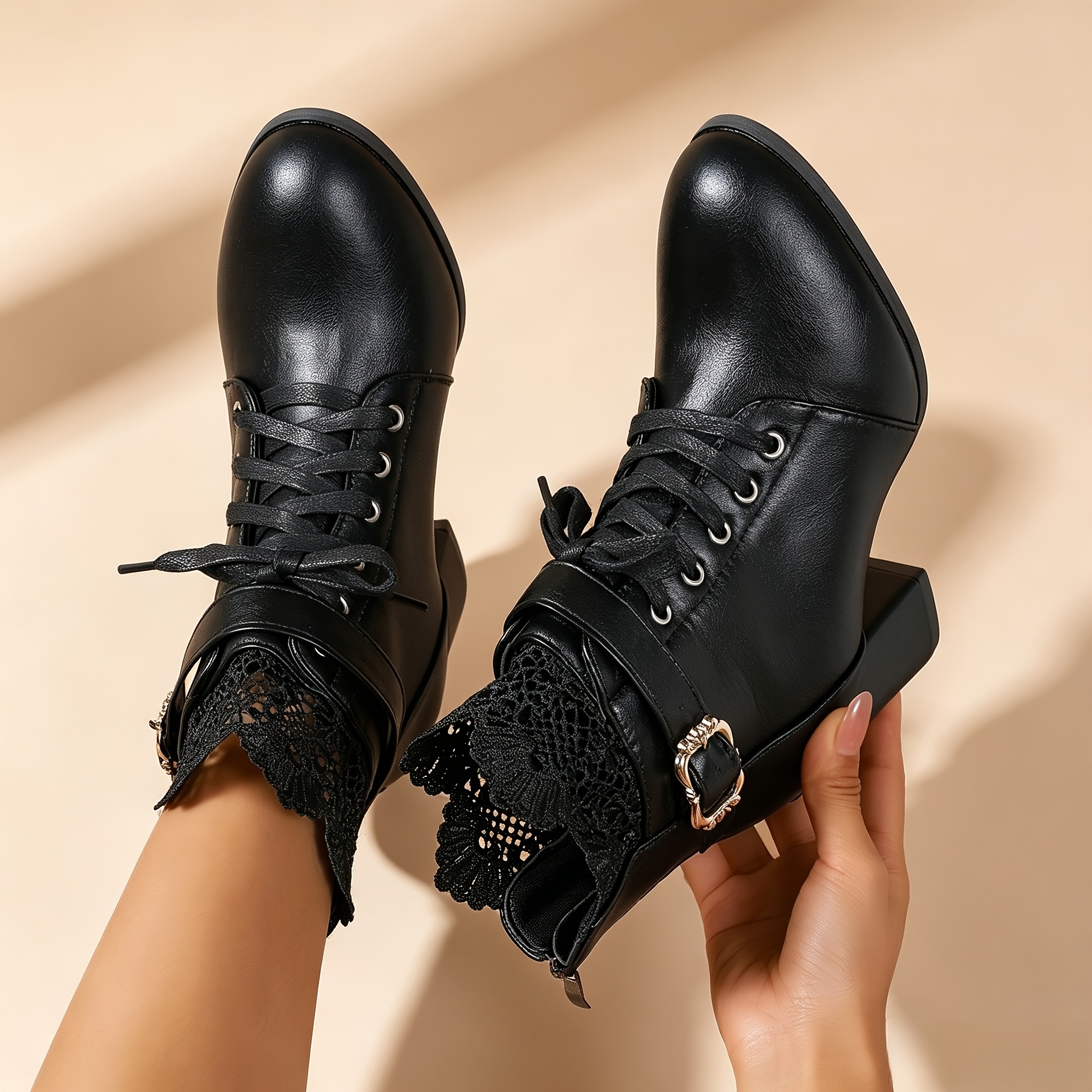 TEMU Bottes montantes à talon épais pour femmes avec fermeture éclair arrière, bottes courtes rétro avec dentelle et lacets, chaussures pour femmes