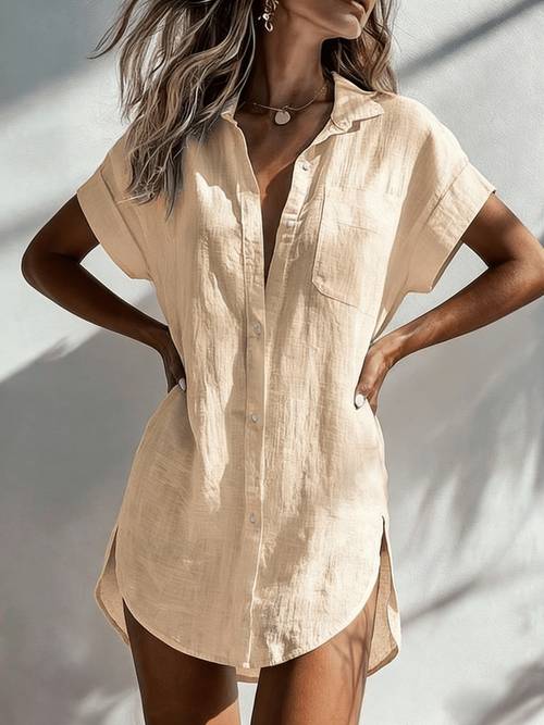 womens solid color short sleeve shirt casual length cardigan with loose fit