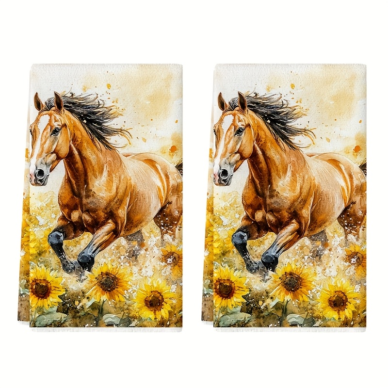 TEMU 2pcs Horse Watercolor Kitchen Towels - Farmhouse Horse Print Dish Cloths, High Absorbency Suitable For Kitchen, Bathroom, Suitable For Farmhouse