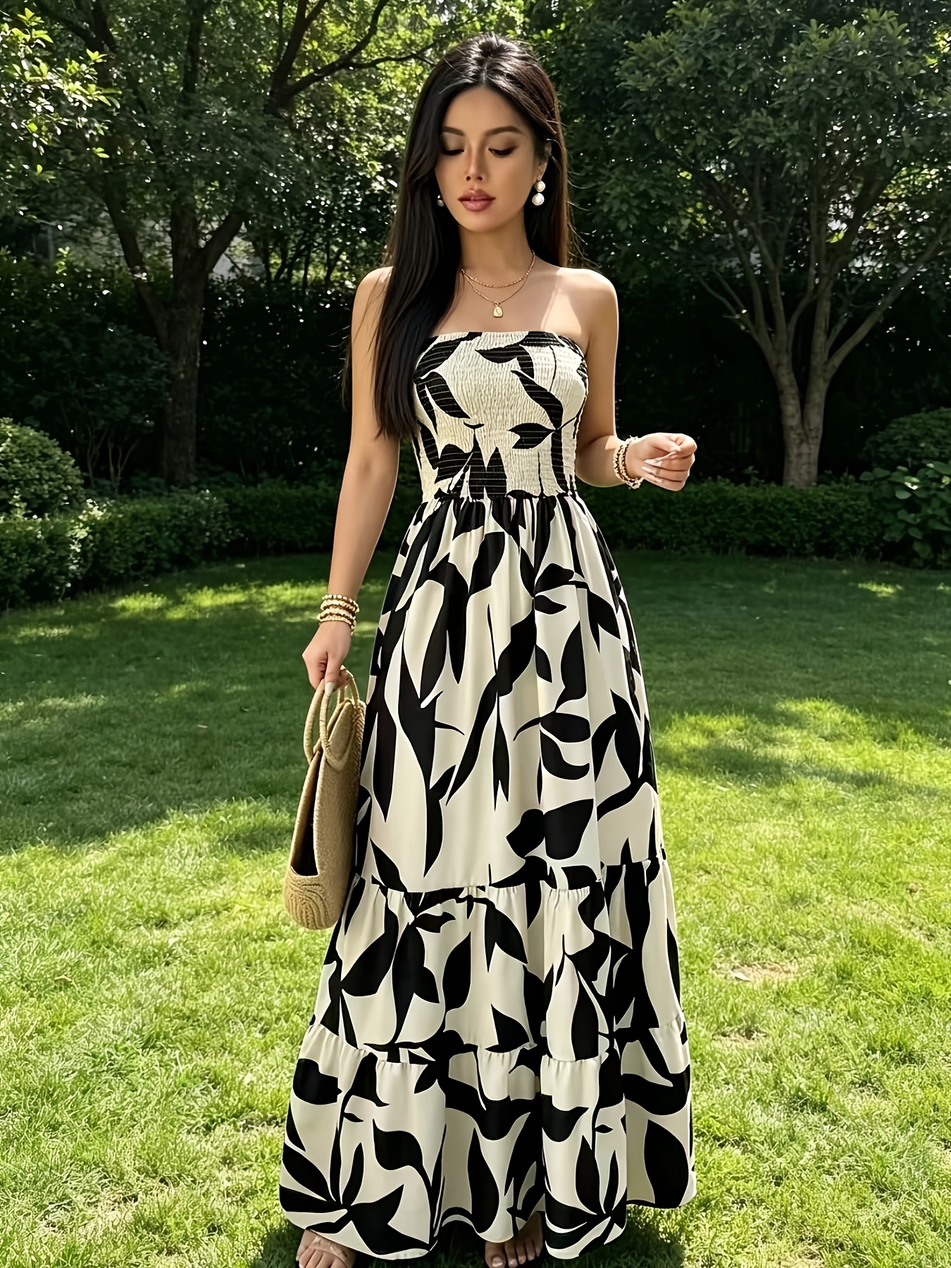 casual layered dress AMILIEe Women Boho Floral Puff Sleeve Tiered Maxi Dress Casual Layered  Loose Vacation Beach Long Dress