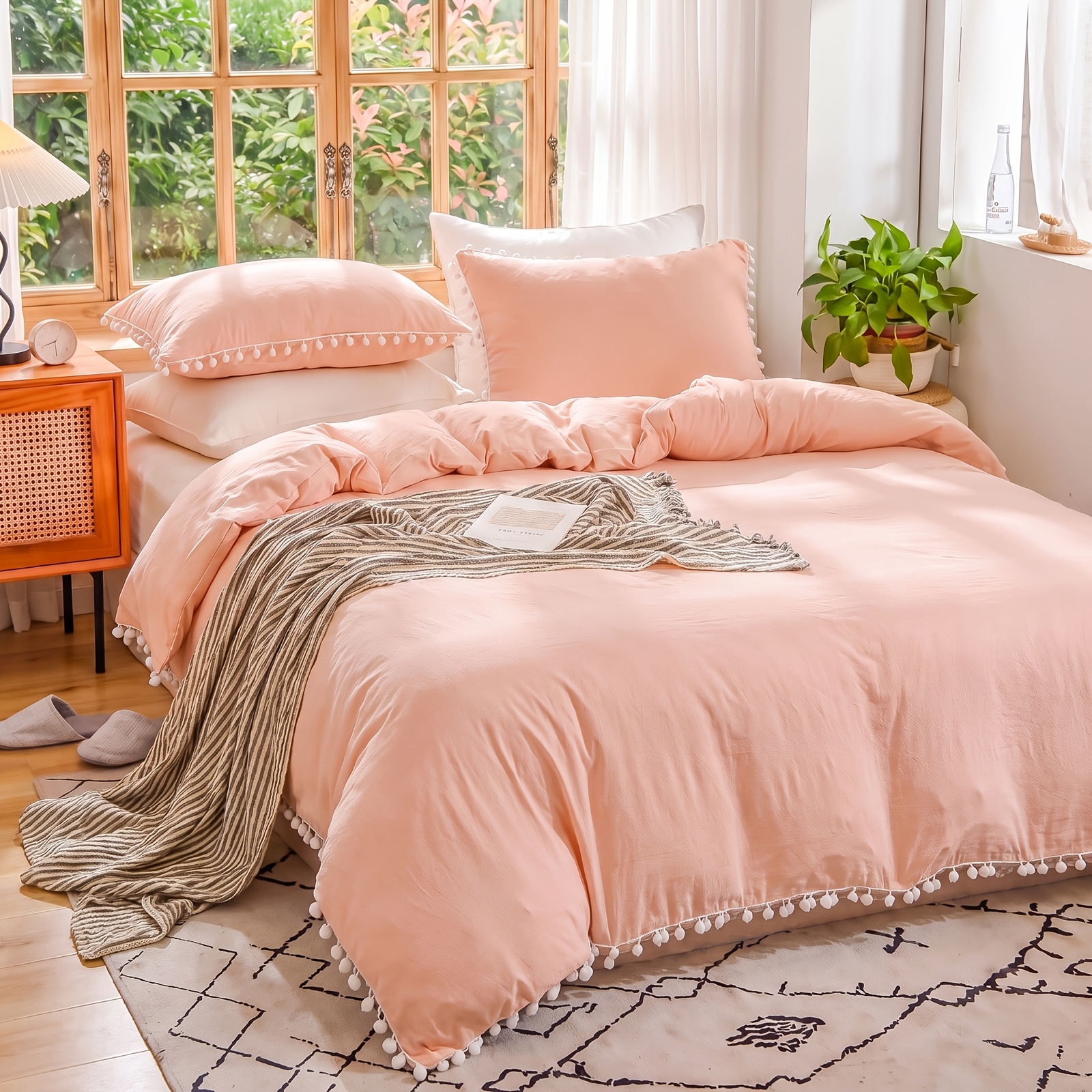 Bohemian Pink Pom Pom Duvet Cover Set, Minimalist Solid Color Bedding, Soft Duvet Cover With Matching Pom Pom Pillowcases, Rustic Neutral Bedroom Decor