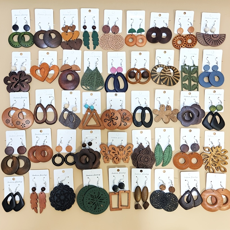TEMU 10 Pairs Random Vintage Ethnic Style Women's Wooden Earrings, Assorted Designs With Natural Materials, Suitable For Daily Wear And, Women's Dangle Earrings Set