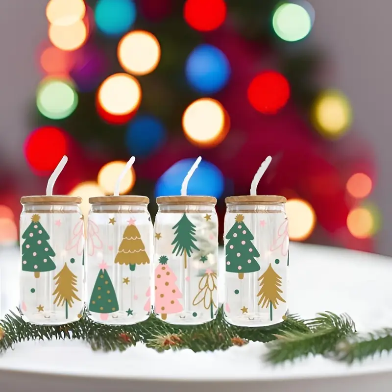 4pcs 550ml christmas tree glass with lid and straw home office cup tea beer milk cup Product details 6