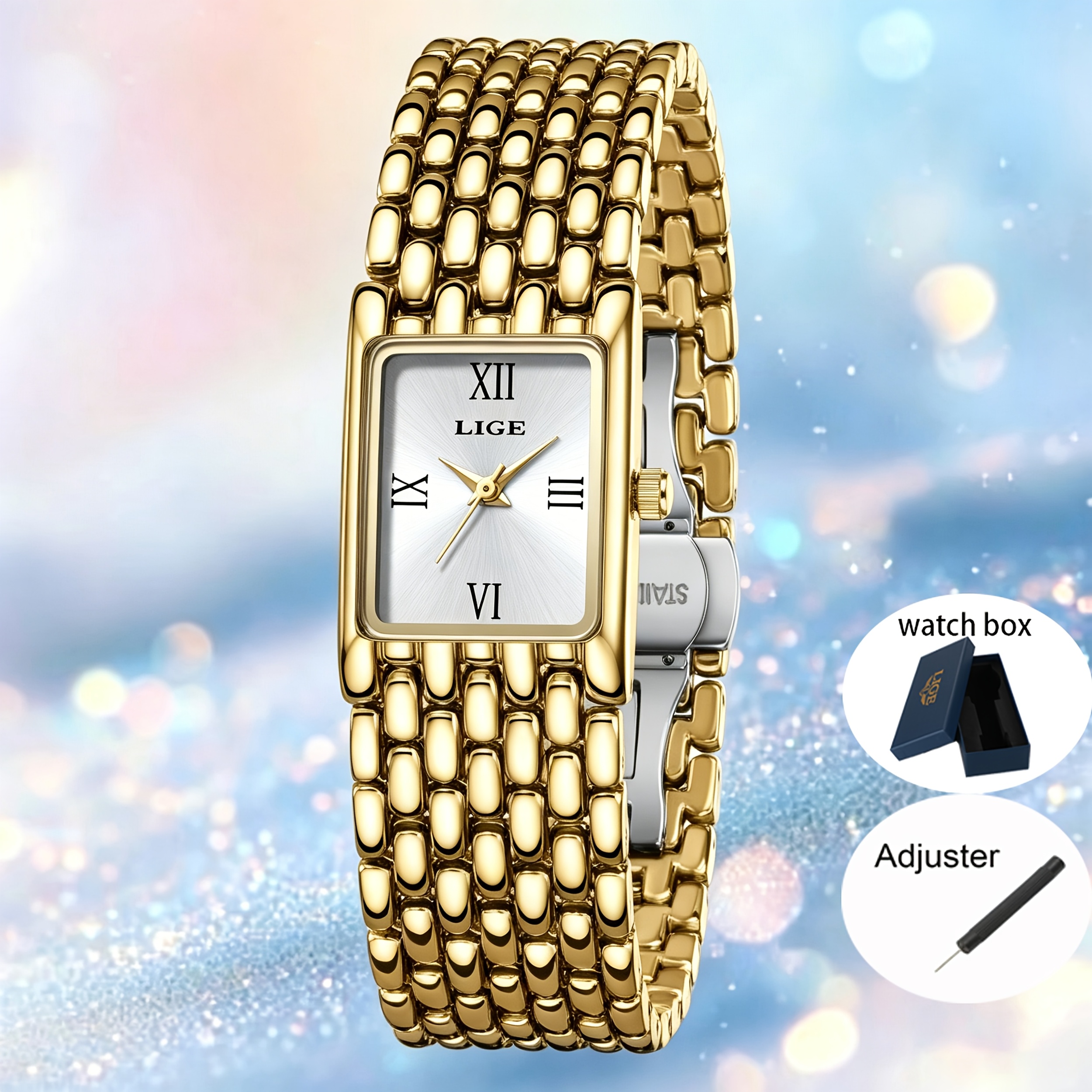Image of Lige Ladies New Quartz Watch+watch Box+adjuster, Casual Square Dial Steel Band Women's Quartz Watch , Birthday Gift Suitable For Men And Women.
