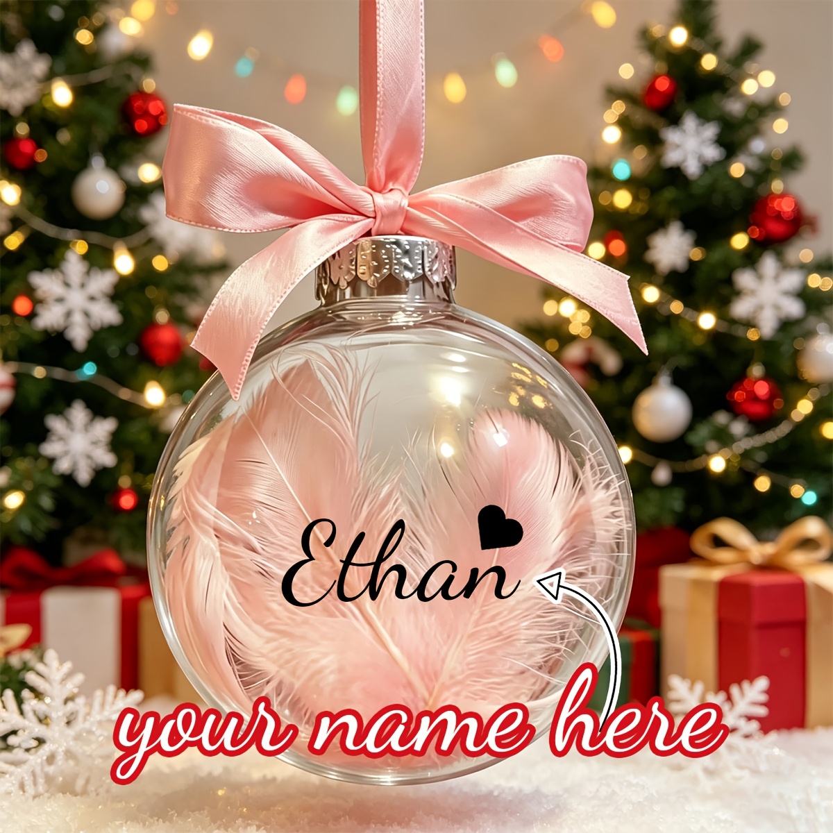 TEMU Ornements de Noël personnalisables avec nom et plume, boules de Noël transparentes de cœur avec nom floral et nœud en satin, décorations de