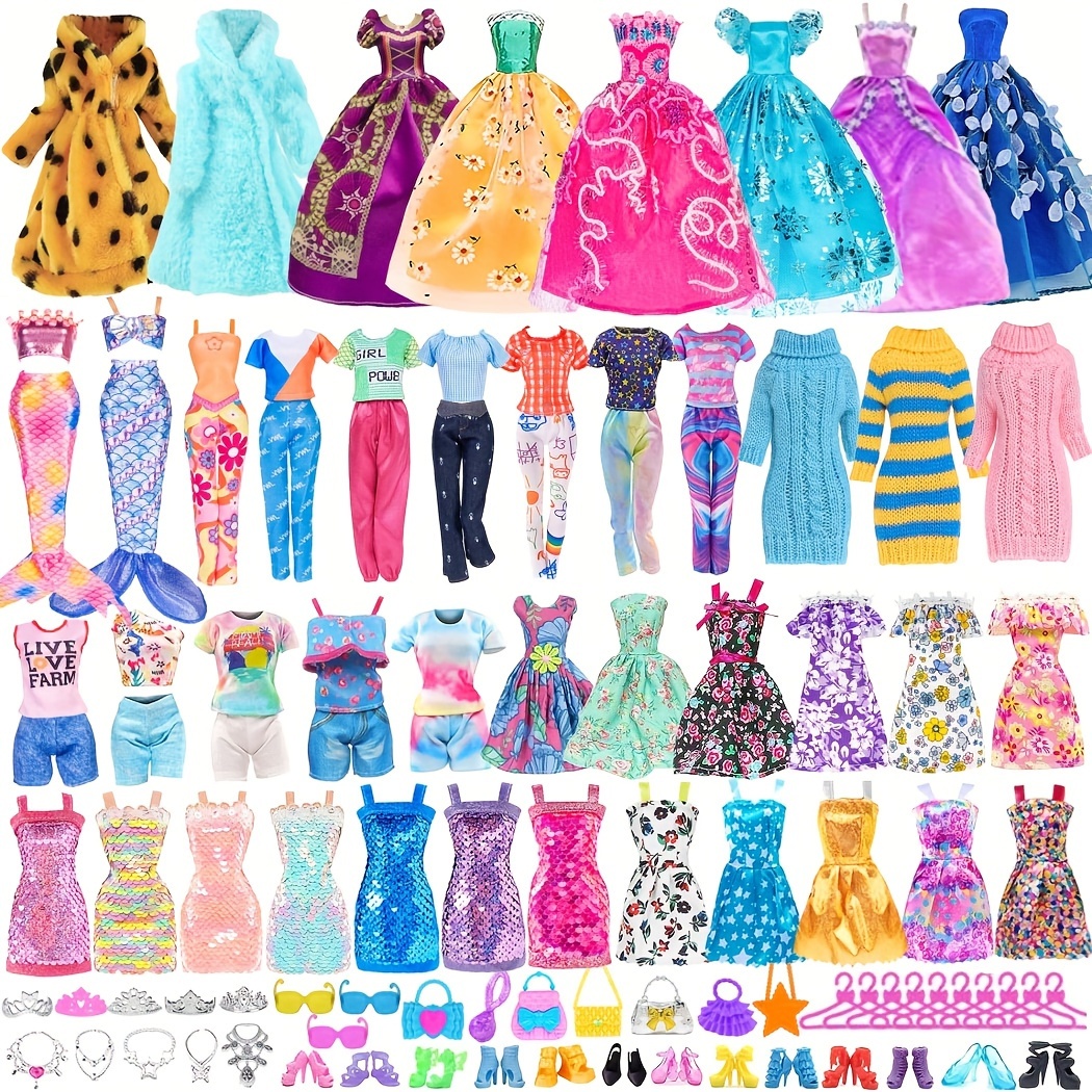 

63 Pcs 11.5 Inch Doll Clothes And Accessories Including 2 Formal Dresses, 1 Plush Coat, 2 Mermaid Dresses, 1 Sweater Dress, 4 Sets Outfit, 9 Dresses And 38 Pcs Accessorie (no Doll)