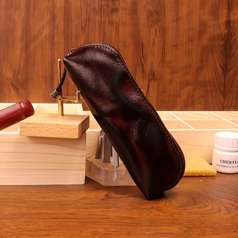 Image of Vintage First-layer Cowhide Vegetable- Leather Glasses Storage Bag, Glasses Pouch, Pencil Case, Handmade Distressed Genuine Leather