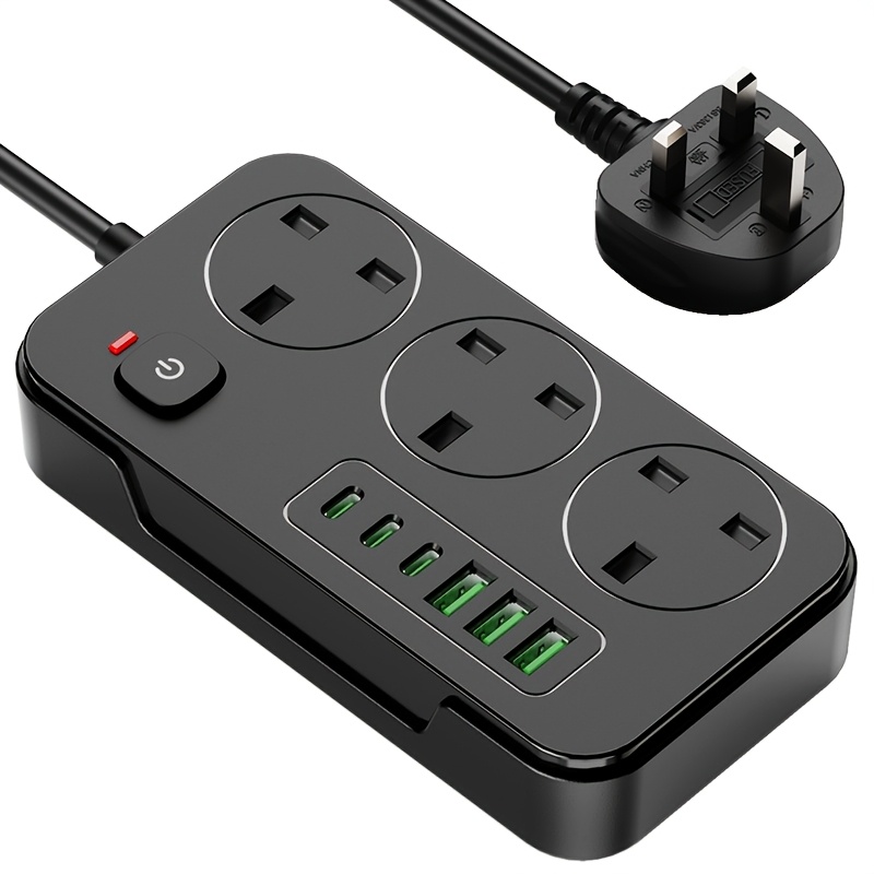 1pc 9 in 1 power board 2m   board 3 ac sockets 3 usb 3 type c ports suitable for home   and computers