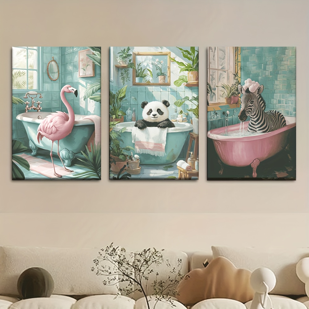 TEMU 2D 3 pezzi/set, su tela -- Senza cornice, Flamingo per il bagno, Panda, Zebra Stile pittura ad olio, Set di d', Soggiorno, Biblioteca, Ufficio,