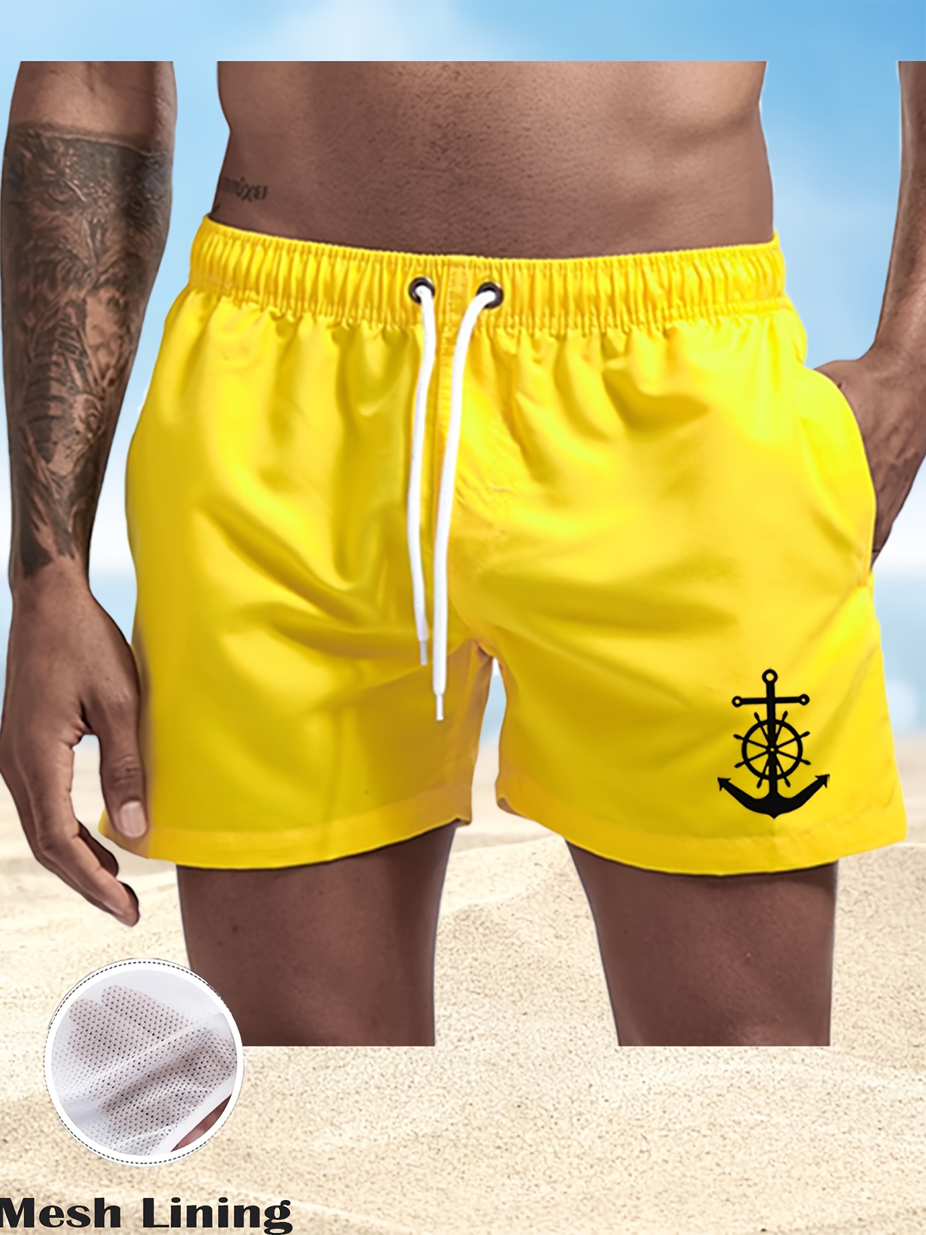 Men's Printed Anchor Loose Beach Shorts, Solid Color Sportswear, Drawstring Quick-Dry Shorts, Lightweight Shorts for Summer Beach Vacations and Surfing