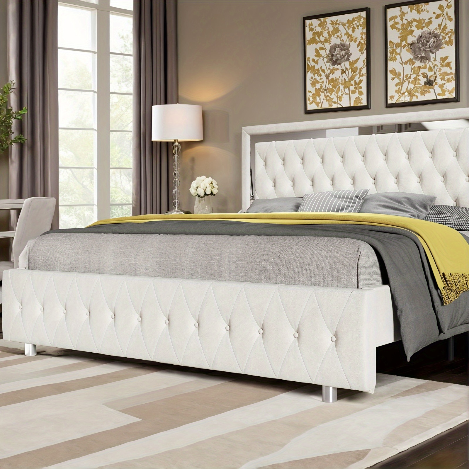 TEMU Papajet Modern Velvet Platform Bed Frame With Rgb Led Lights, Adjustable Headboard (43" & 45"), Usb Powered, Cream Upholstered Design For Contemporary Bedrooms, Bed Room Decor