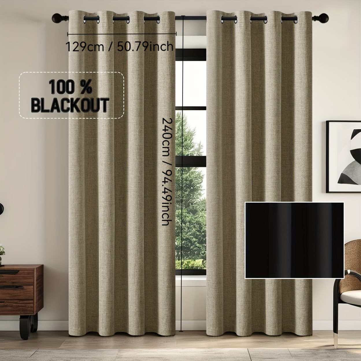TEMU 2 pièces Rideau Noir Composite -Lumière Complète, Rideau Pré-Perforé -Soleil pour Salon