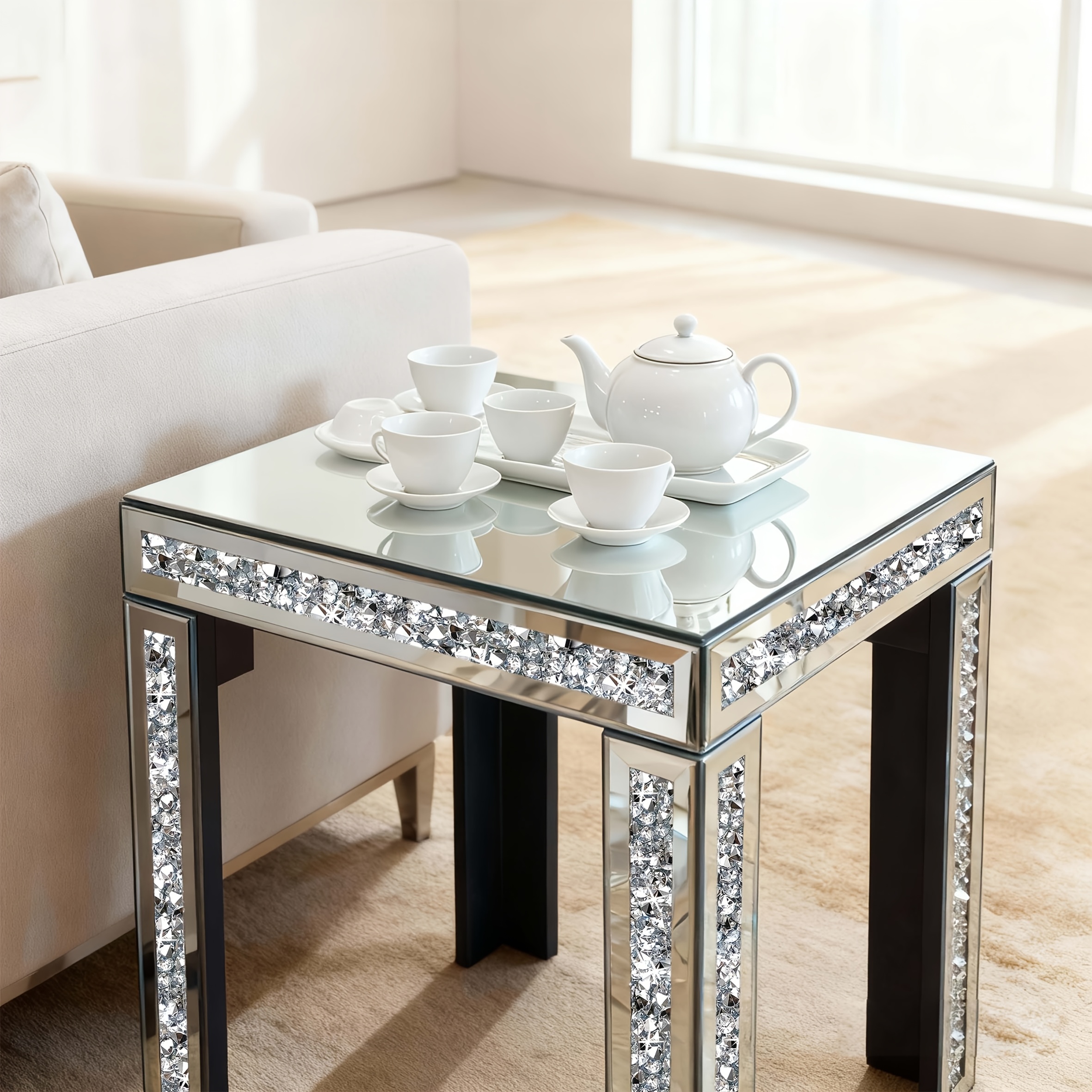 this stylish multifunctional table features a   surface and a diamond studded frame showcasing an exquisite and elegant design   the living   can hold floral arrangements and coffee cups