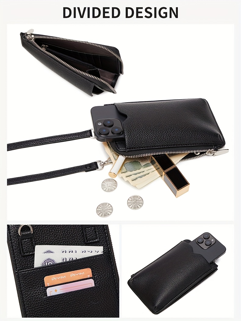 elegant black zipper wallet with adjustable strap lightweight multi compartment design for cards cash and phone ideal for everyday use everyday wallet minimalist wallet zippered closure details 4