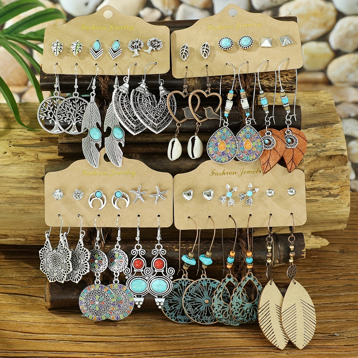 

24 Pairs/ Set Bohemian Style Stud Earrings & Dangle Earrings With Turquoise Inlaid Trendy Holiday Vacation Ear Accessories