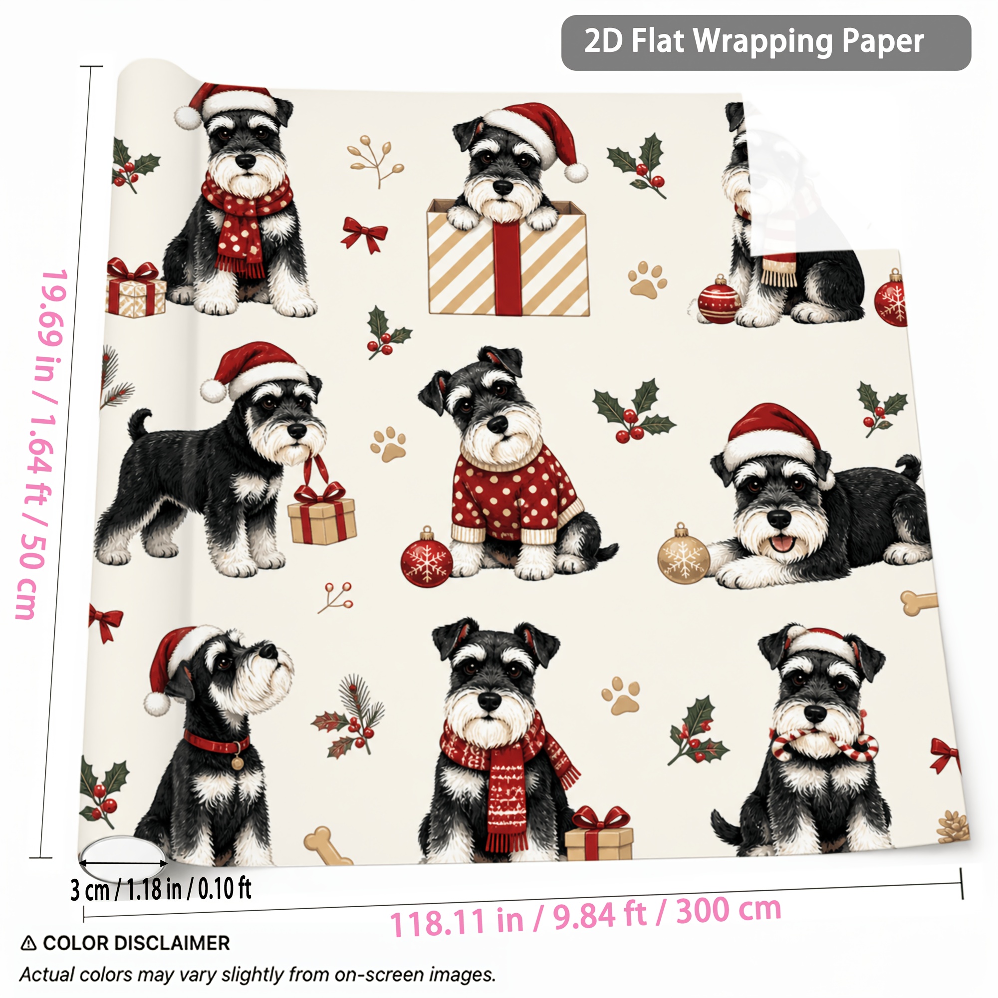 TEMU 1 Rouleau de de Noël 1,64ft X 9,84ft Motif Chien Schnauzer avec Bonnet de Père Noël pour Emballage Cadeau de Noël, Nouvel An, Fête