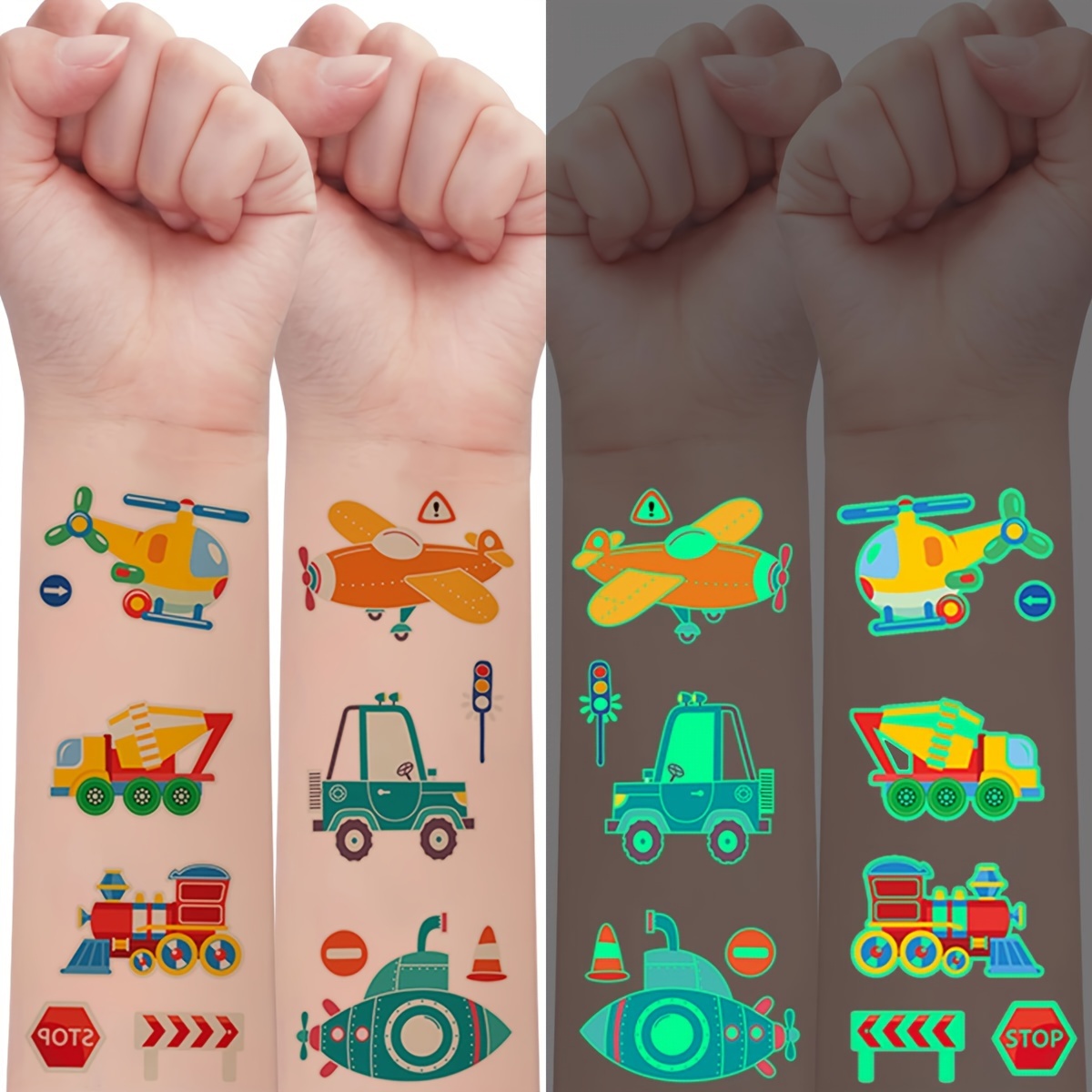 

10-sheet Glow In The Dark Temporary Tattoos, Cartoon Transport Vehicles Designs, Taxi-bus-traffic Light-train-machinery Elements, Fun Luminous Stickers For Birthday Party Favors For Music Festival