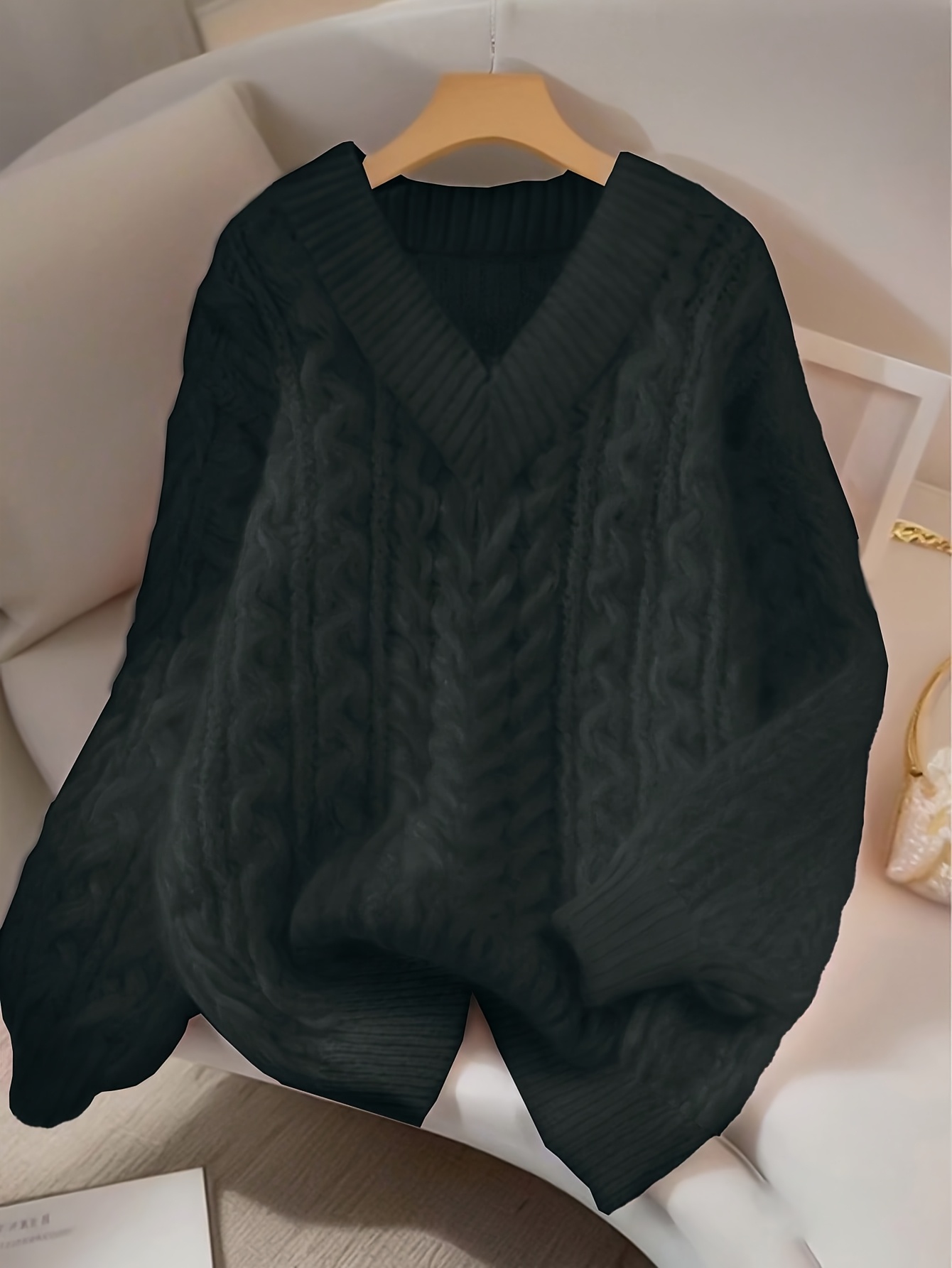 lazy style v neck chunky cable sweater for women soft and loose fit   ideal for fall winter