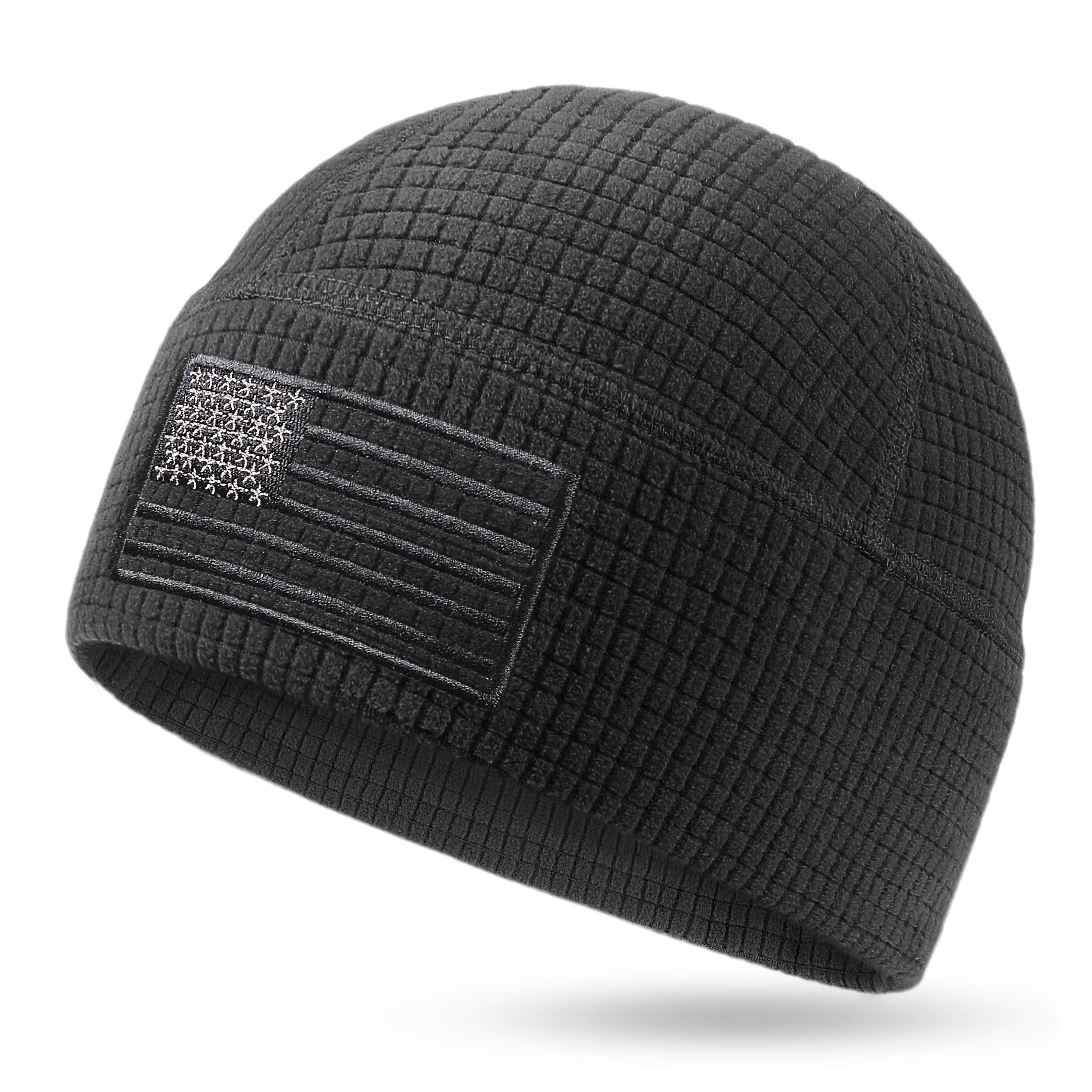 Grid Fleece Beanie American Flag Embroidery Waffle Tactical Military Cap