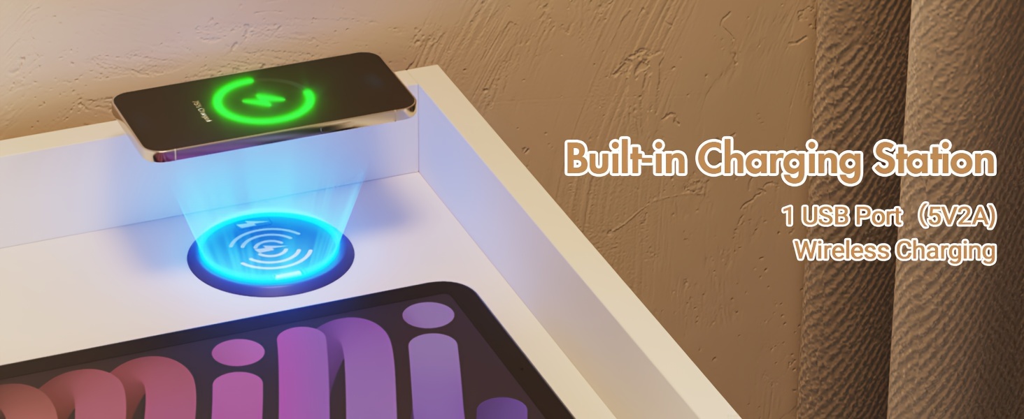 modern white bedside table with 2 drawers rgb led lighting charging usb port space saving design for bedroom office or playroom techfriendly storage modern bedside table durable construction bedside table for bedroom Product details 1