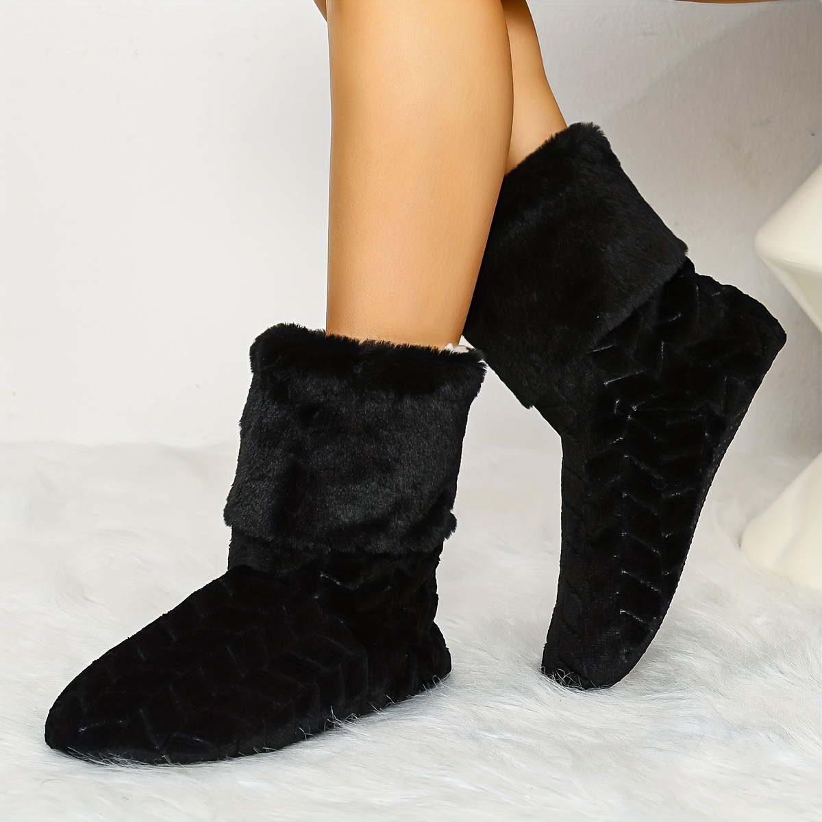 TEMU Winter Fleece Floor High-top Home Shoes Soft Sole Indoor Winter Home Shoes Suitable For Indoor Wear, Women Shoes