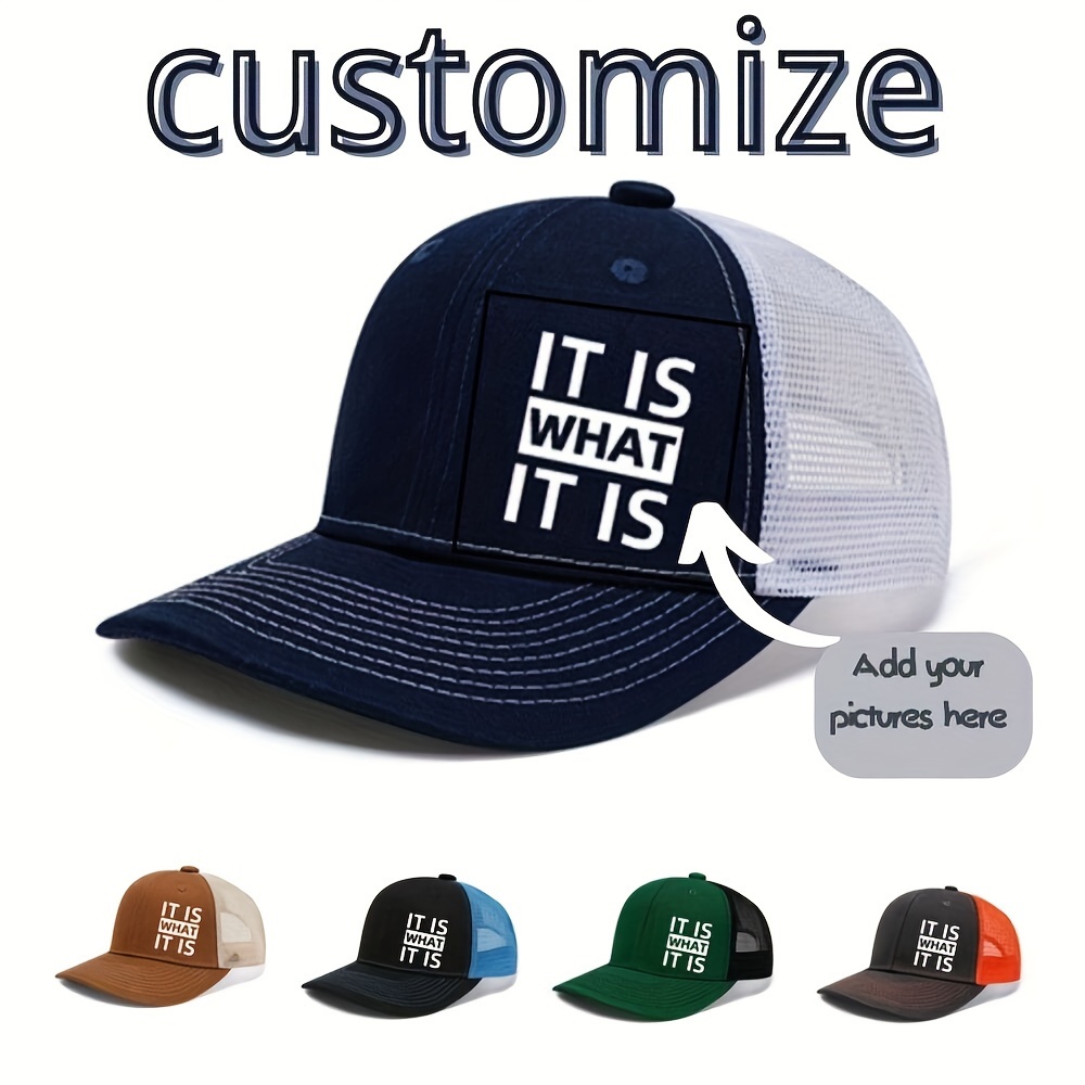 

Customizable Style Trucker Cap, Polyester Mesh Snapback Baseball Hat With Curved Visor, Preppy Adjustable Headwear For Sun Protection