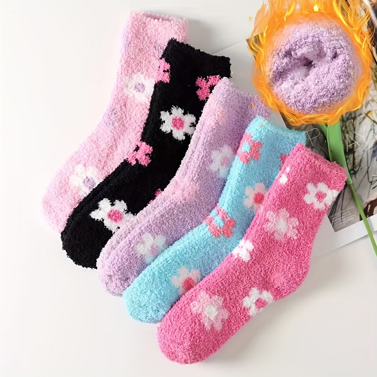 TEMU 5 Pairs Small Floral Autumn Winter Style Women's Mid-calf Coral Fleece Thickened Sleep Home Cute Women Socks