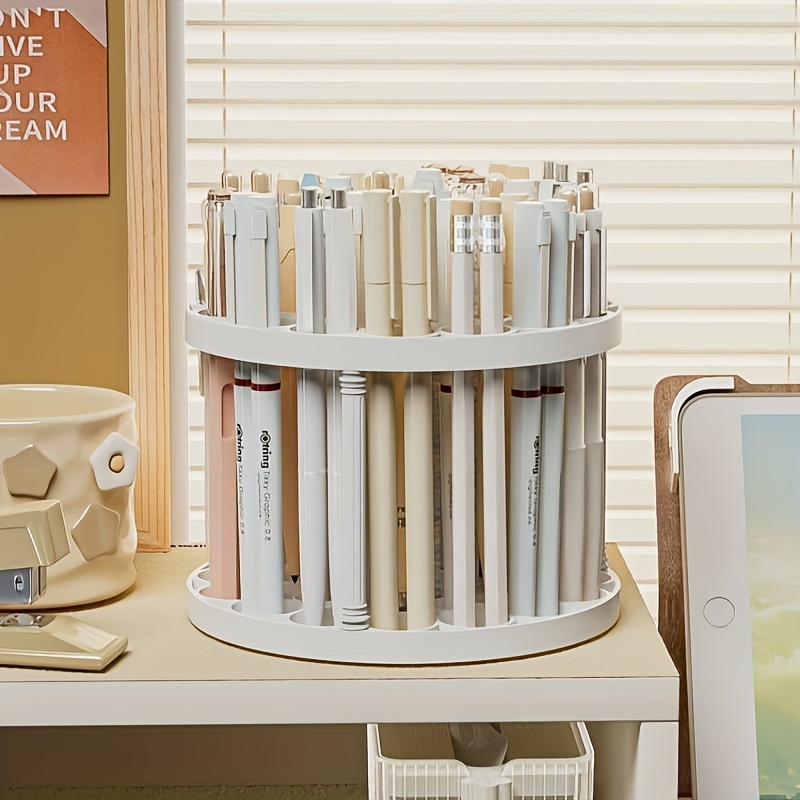 360? Rotating Brush Holder - Glazed Plastic Insert Stand, Suitable for Art Brushes, Pens, Makeup Tools - Space-Saving White Desktop Accessory