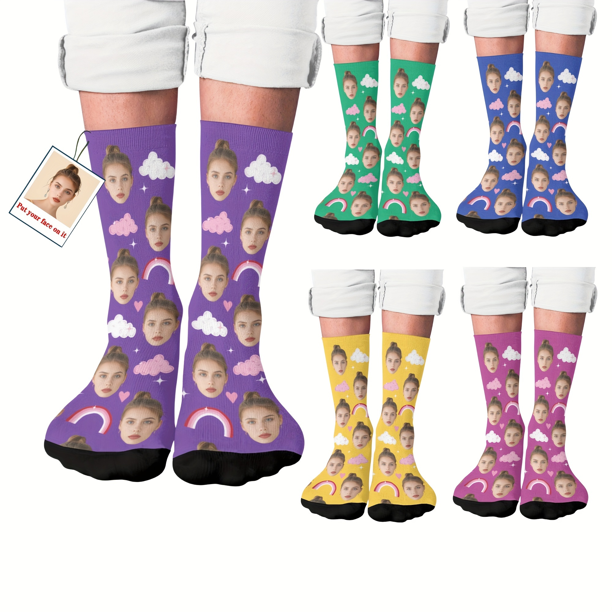 

Custom Face Socks, Personalized Funny Gift Crew Socks With Photo Customized, Faces Rainbows Clouds Print, Novelty Trendy Party Present Socks For Men Women