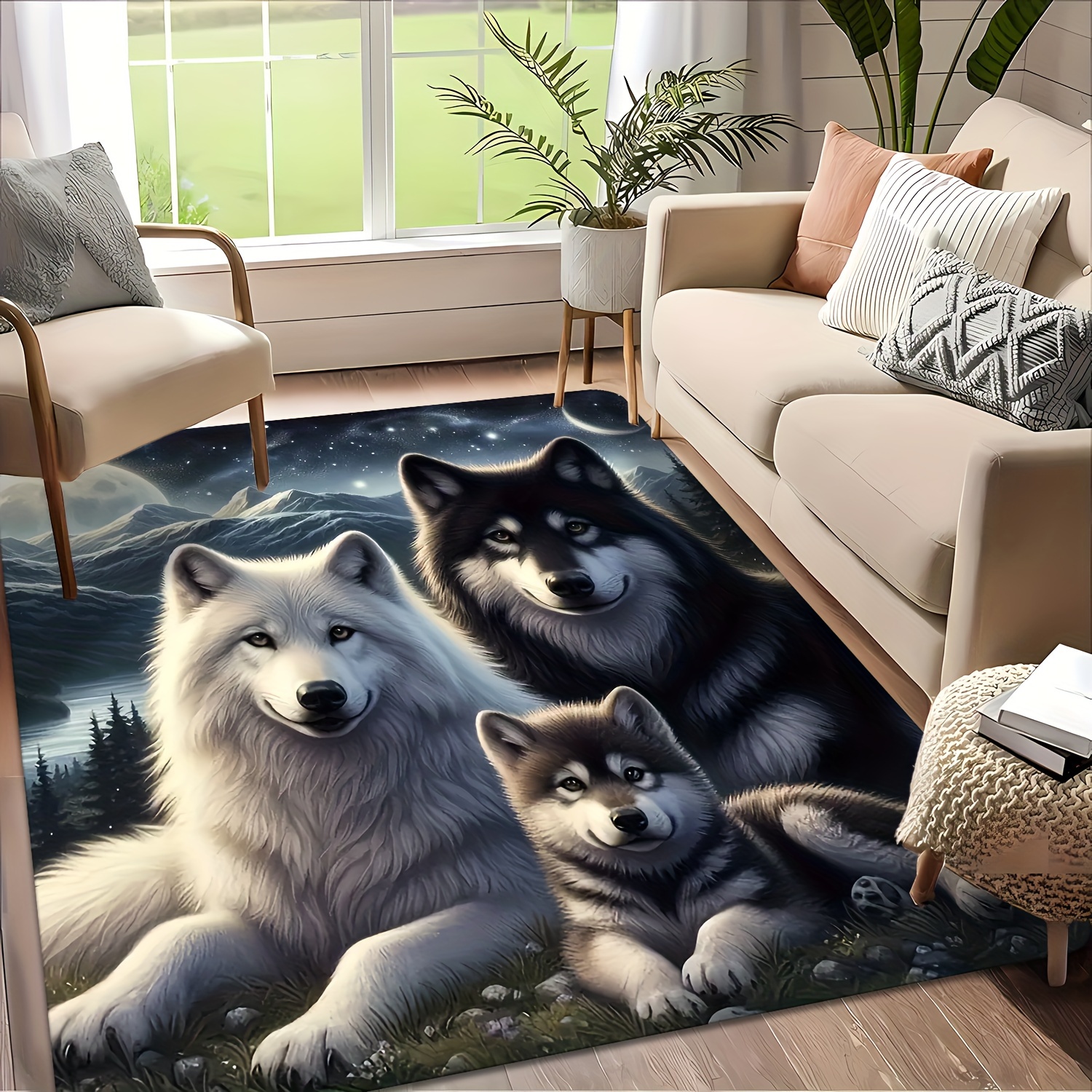 TEMU A Carpet Featuring A Design Of A Wolf Family, Washable And Suitable For Living Room Coffee Tables, Bedrooms, Entrance Mats, And Dining Areas. It