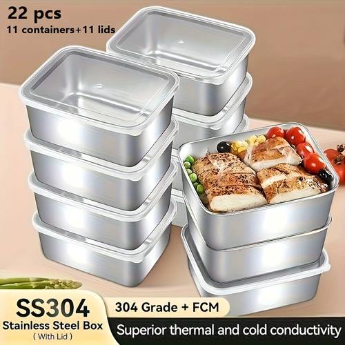 22 Stainless Steel Food Storage Containers, Outdoor Food Service Delivery Boxes, Featuring 11 Lids And 11 Boxes - Airtight And Square Storage Boxes, Suitable for Keeping Hot And Cold Food Insulated, Stackable Kitchen Storage Containers, And Outdoor Refrigerator Organizing Bins.