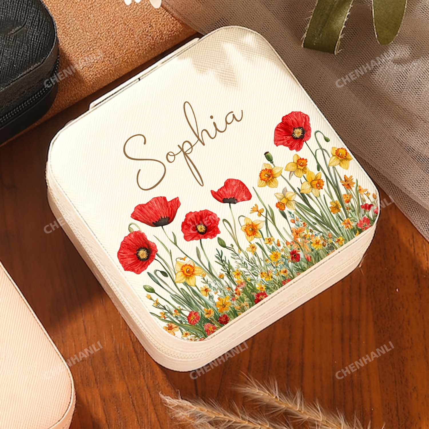 TEMU 1pc Personalized Beige Jewelry Box, Zipper Closure Box, Customized Name, Bridesmaid Gift, Graduation Birthday Gift For Sisters | Best Gift For