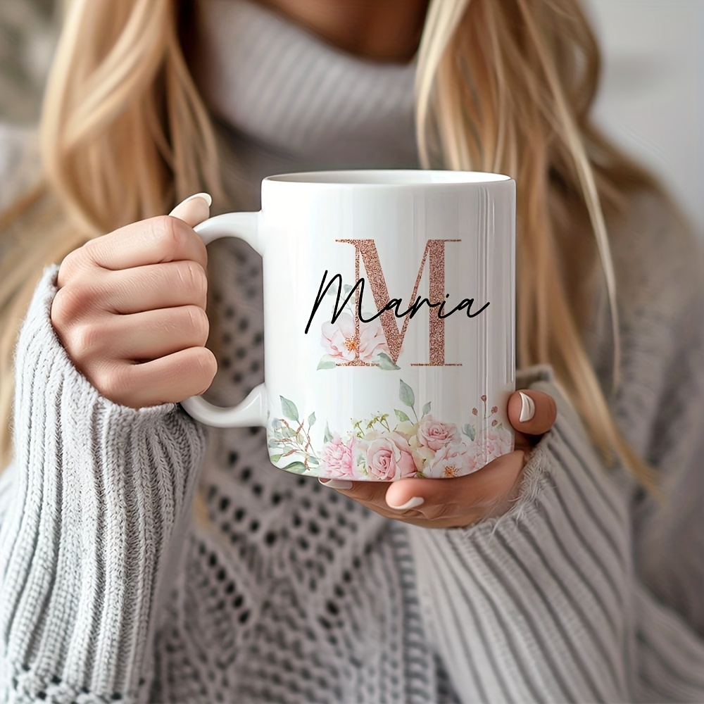 Image of 1pc Custom Name Floral Letters Ceramic Mug, Trendy Wedding Wedding Bridesmaid Coffee Mug Gifts, Girls Daily Use Water Cup, For Anniversary, Holiday Gift, For Bridesmaid, Bride