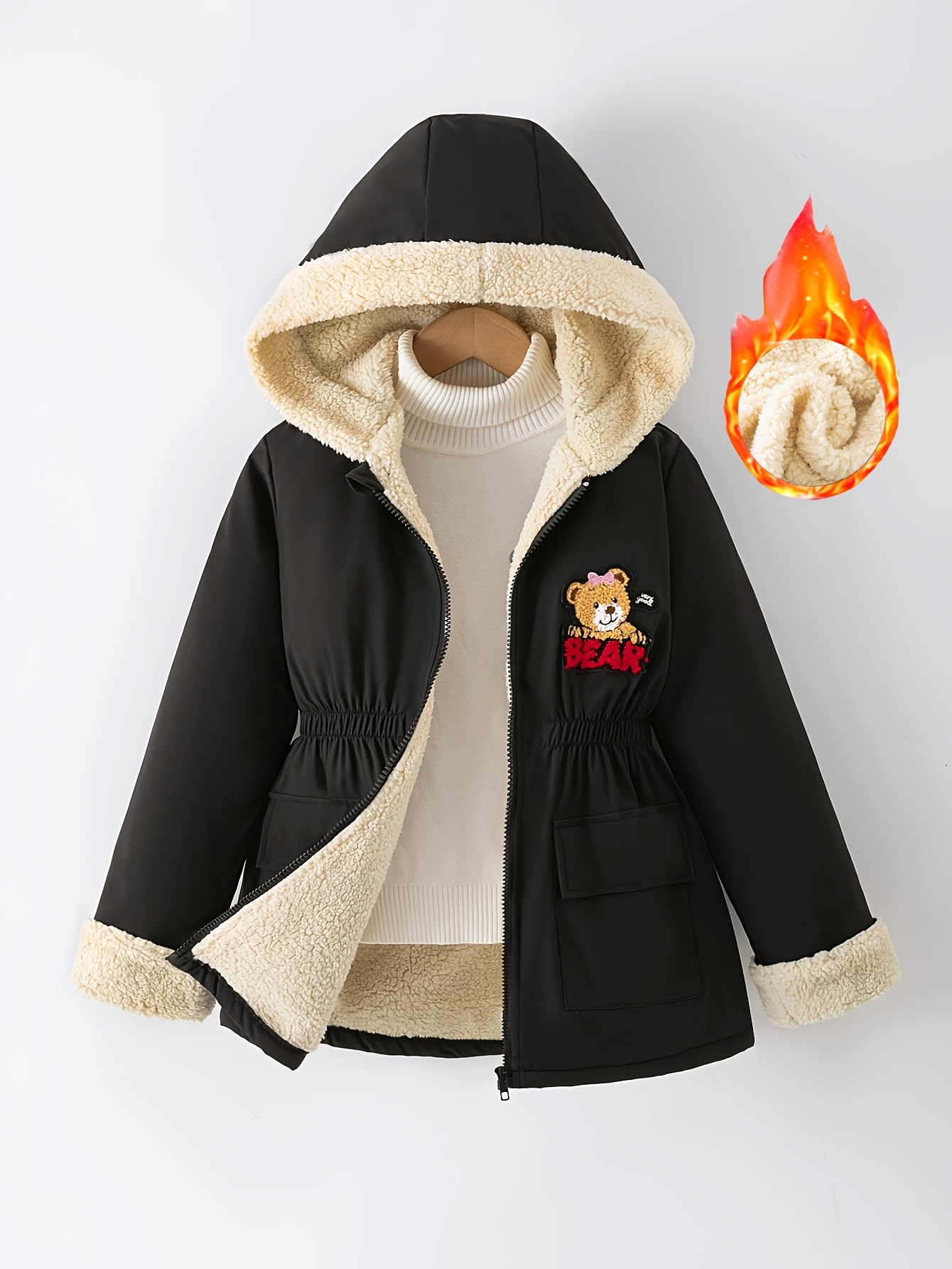 Girls' Cartoon Bear Embroidered Patchwork Hooded Jacket
